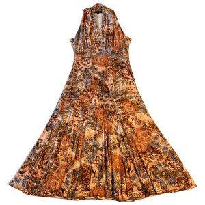 Vintage Karen Kane 90s Floral V-Neck Halter Midi Dress (Orange and Blue) Medium